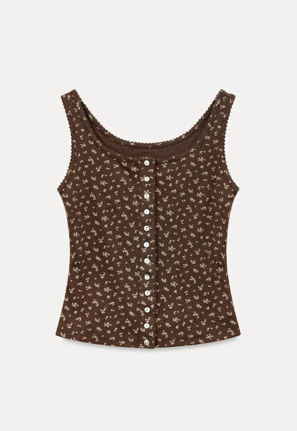 Floral Print Button Front Tank Top with Lace Trim