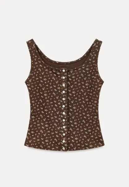 Floral Print Button Front Tank Top with Lace Trim