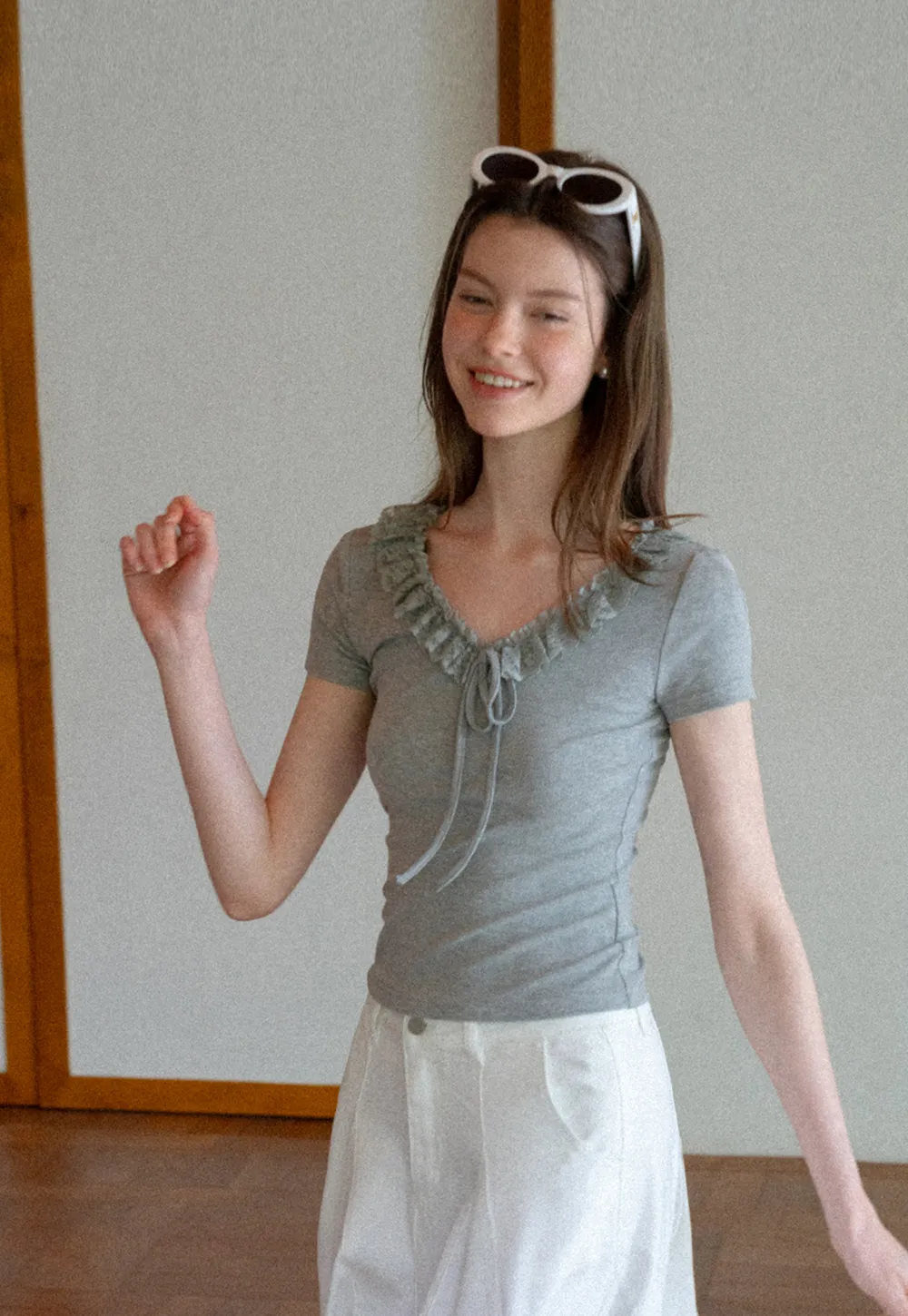 Ruffled V Neck Drawstring Short Sleeve T Shirt