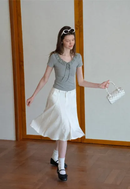 Ruffled V Neck Drawstring Short Sleeve T Shirt