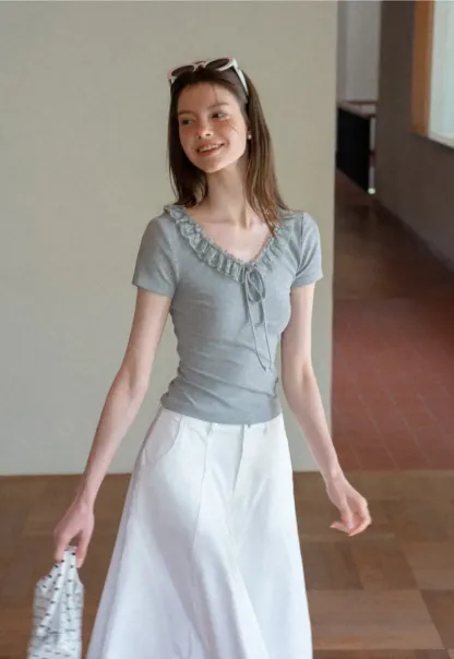 Ruffled V Neck Drawstring Short Sleeve T Shirt