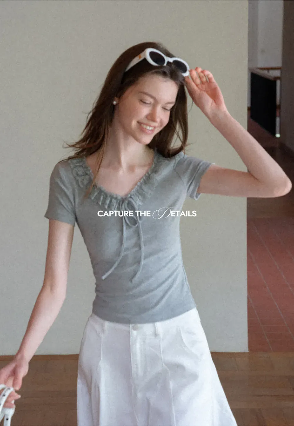 Ruffled V Neck Drawstring Short Sleeve T Shirt