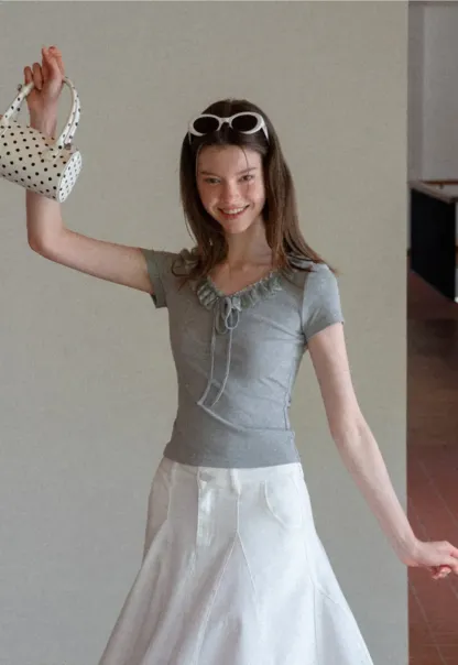 Ruffled V Neck Drawstring Short Sleeve T Shirt