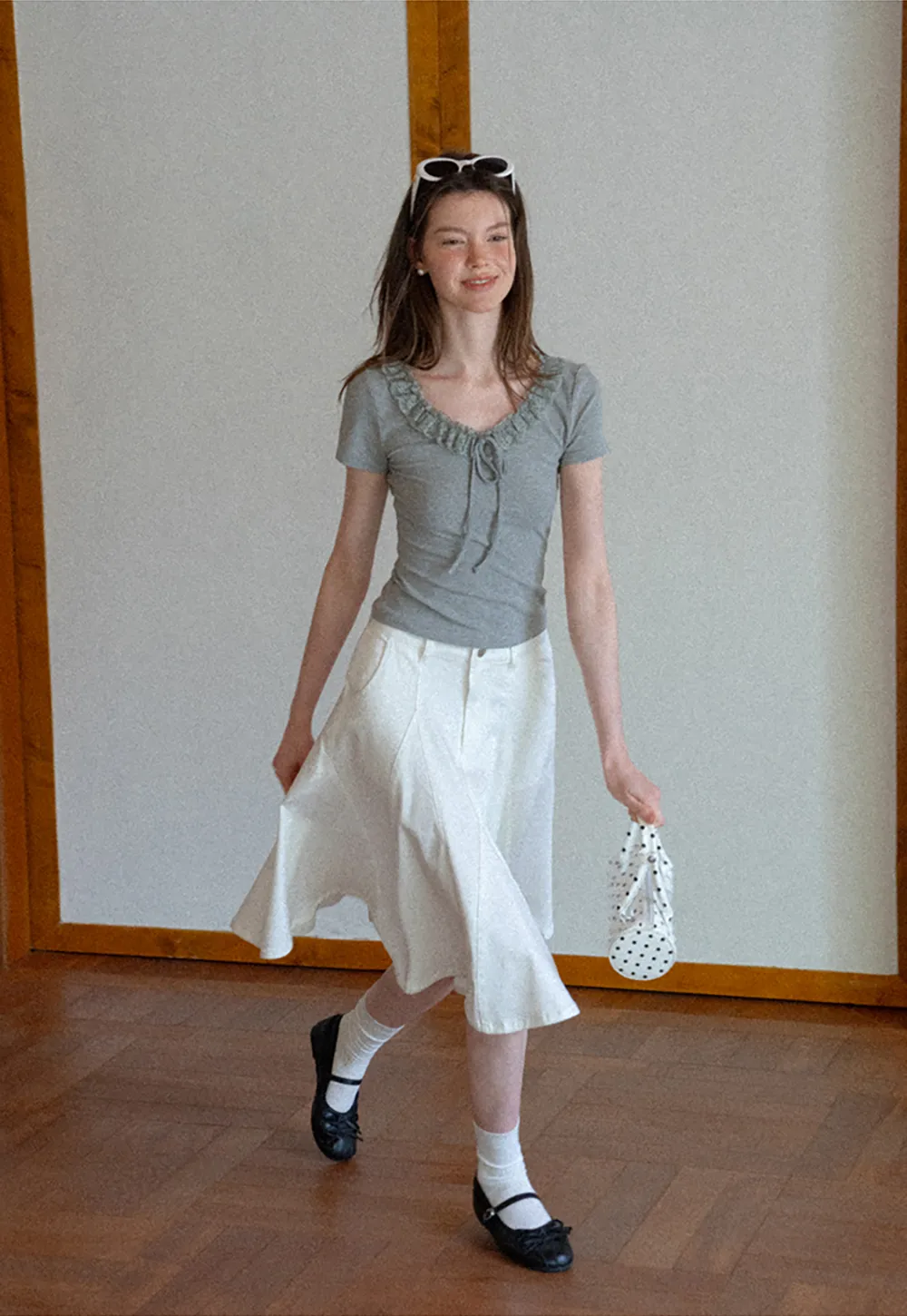 Ruffled V Neck Drawstring Short Sleeve T Shirt