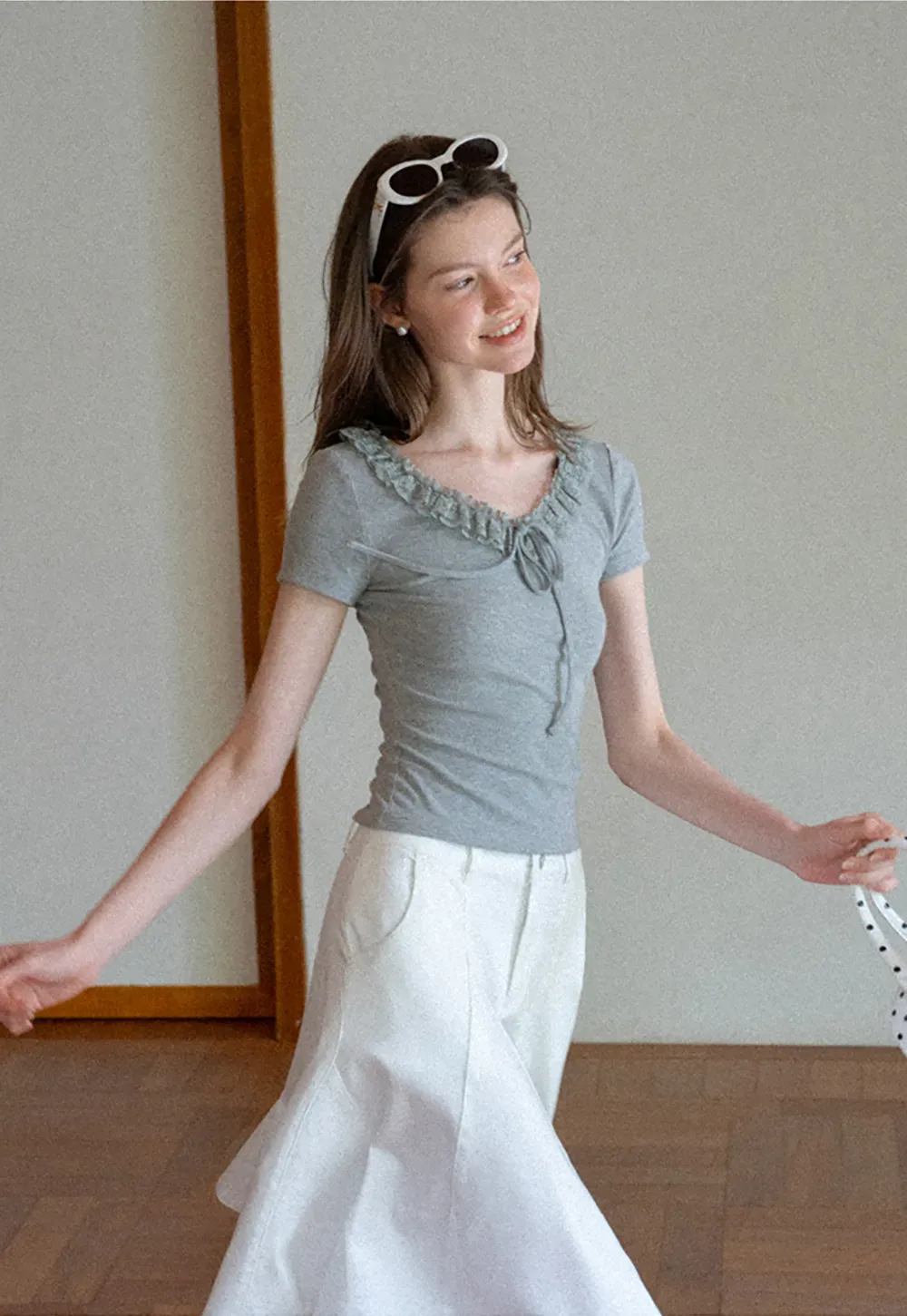 Ruffled V Neck Drawstring Short Sleeve T Shirt