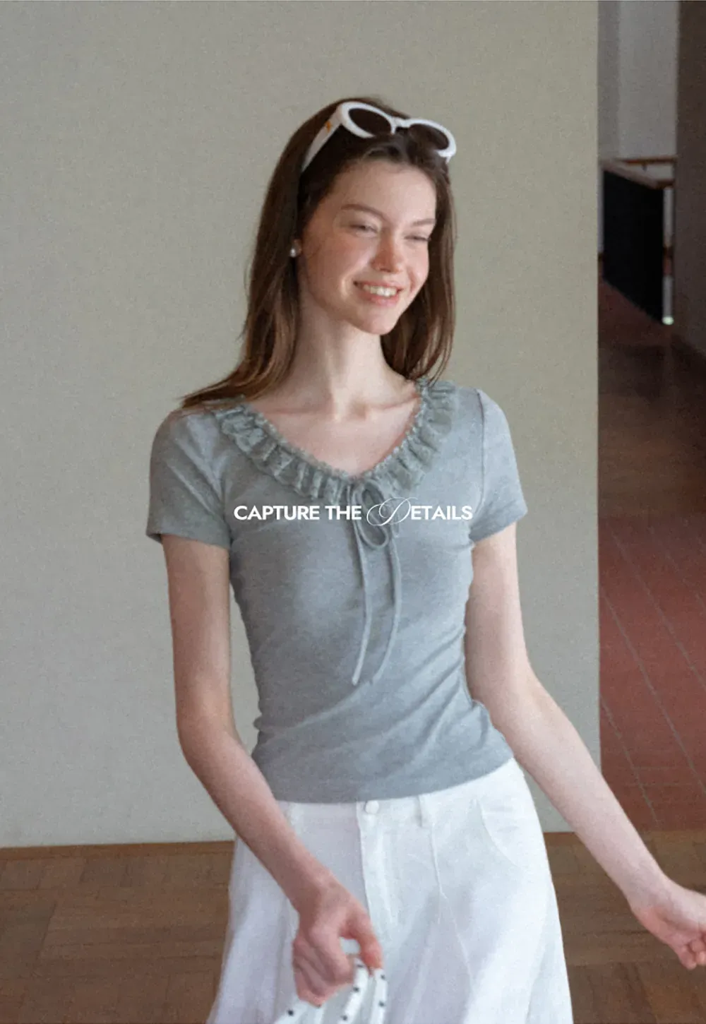 Ruffled V Neck Drawstring Short Sleeve T Shirt
