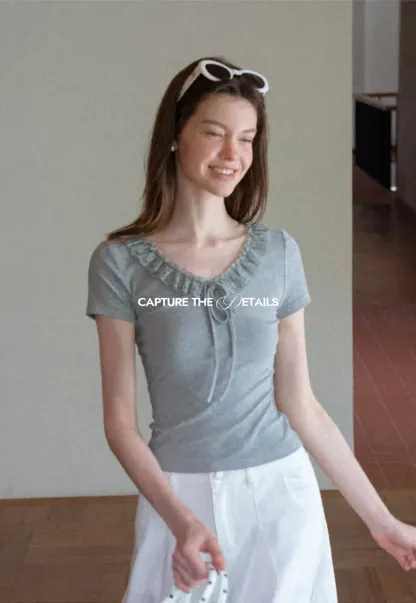Ruffled V Neck Drawstring Short Sleeve T Shirt