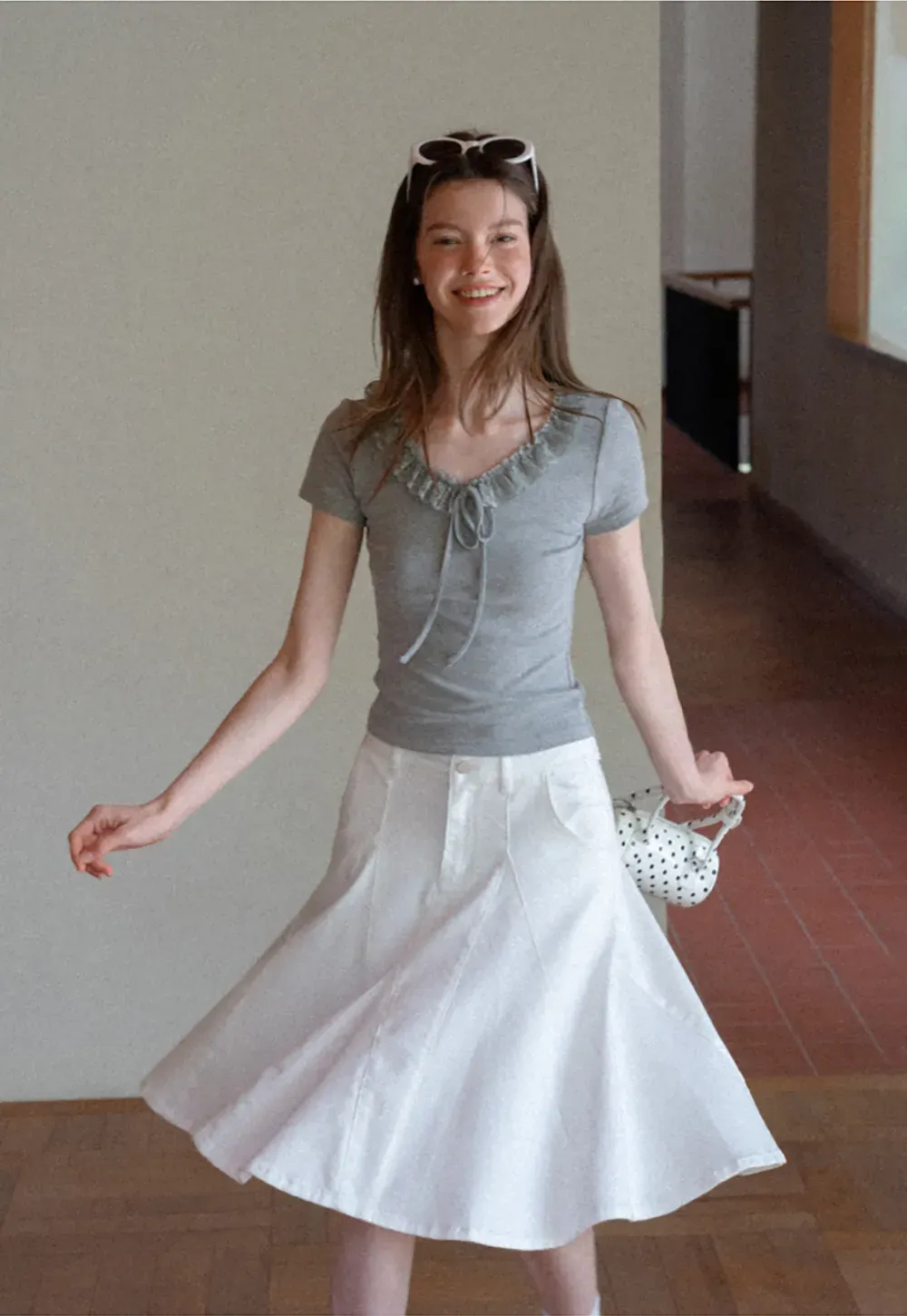 Ruffled V Neck Drawstring Short Sleeve T Shirt