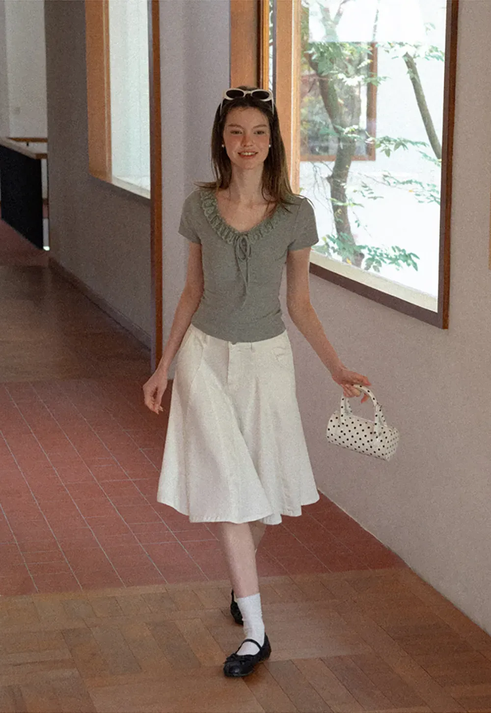 Ruffled V Neck Drawstring Short Sleeve T Shirt