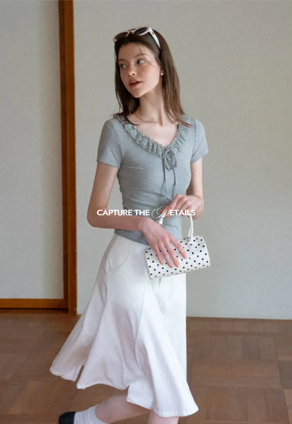 Ruffled V Neck Drawstring Short Sleeve T Shirt