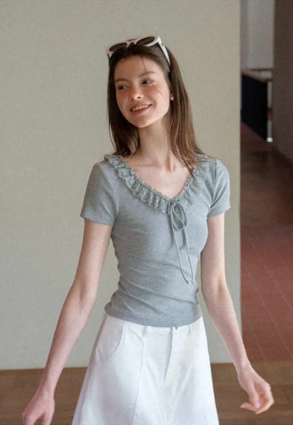 Ruffled V Neck Drawstring Short Sleeve T Shirt