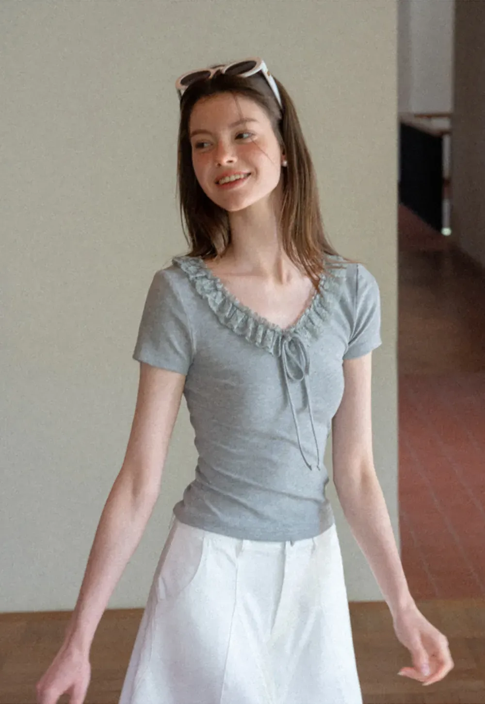 Ruffled V Neck Drawstring Short Sleeve T Shirt