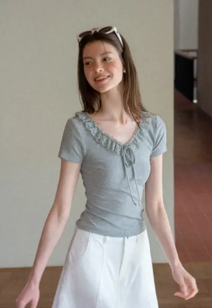Ruffled V Neck Drawstring Short Sleeve T Shirt
