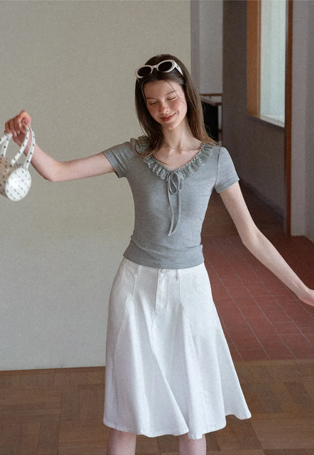 Ruffled V Neck Drawstring Short Sleeve T Shirt
