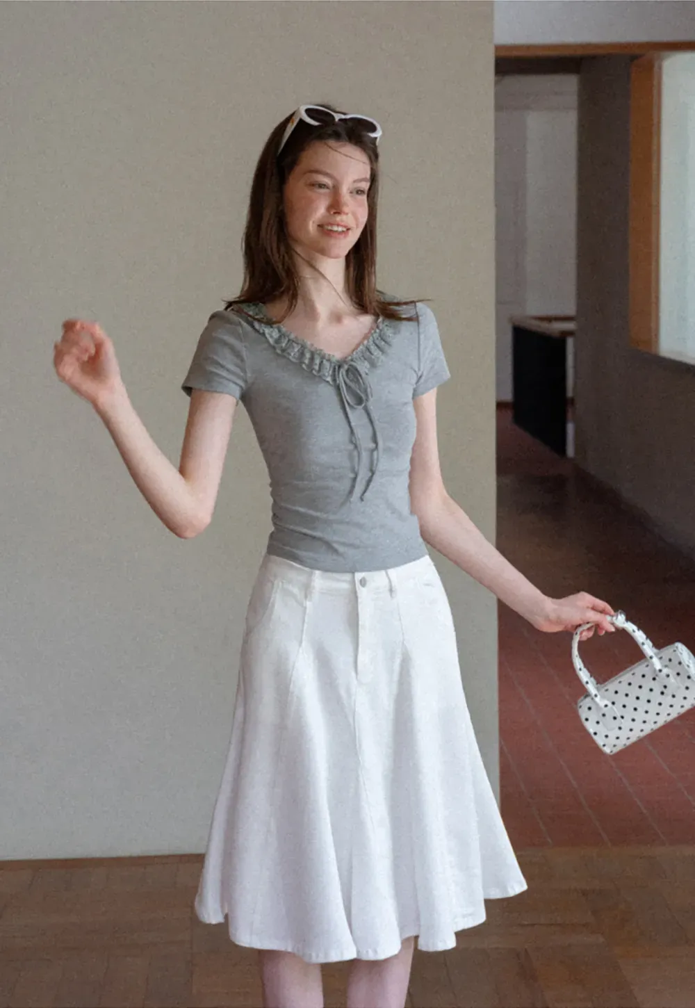 Ruffled V Neck Drawstring Short Sleeve T Shirt