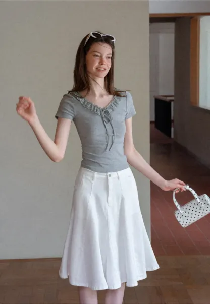 Ruffled V Neck Drawstring Short Sleeve T Shirt