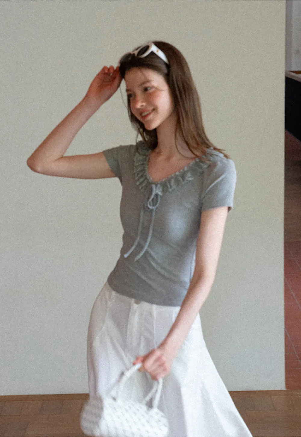 Ruffled V Neck Drawstring Short Sleeve T Shirt