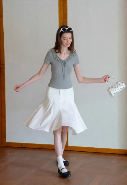 Ruffled V Neck Drawstring Short Sleeve T Shirt
