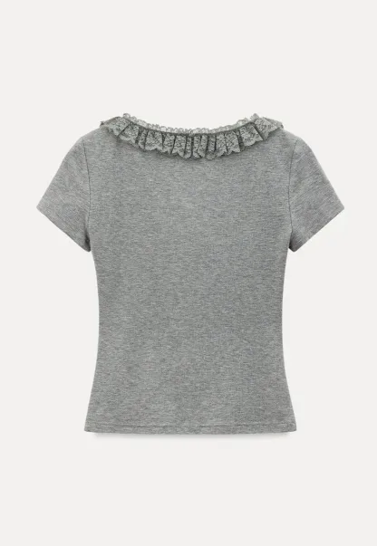 Ruffled V Neck Drawstring Short Sleeve T Shirt