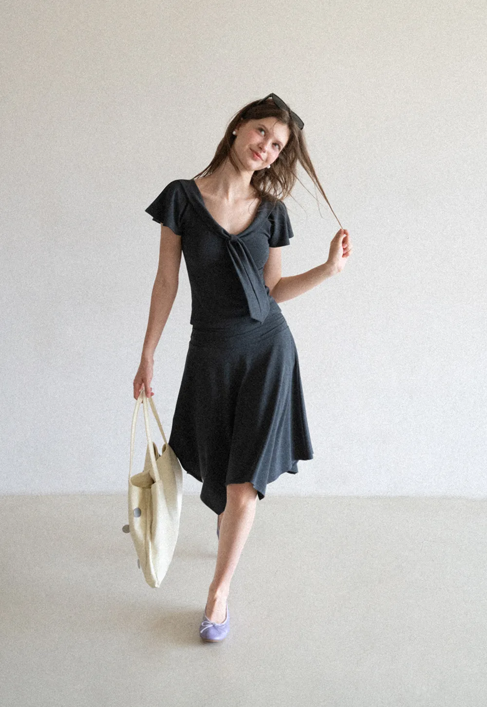 V Neck Tie Front Short Sleeve Top and Asymmetrical Hem Skirt