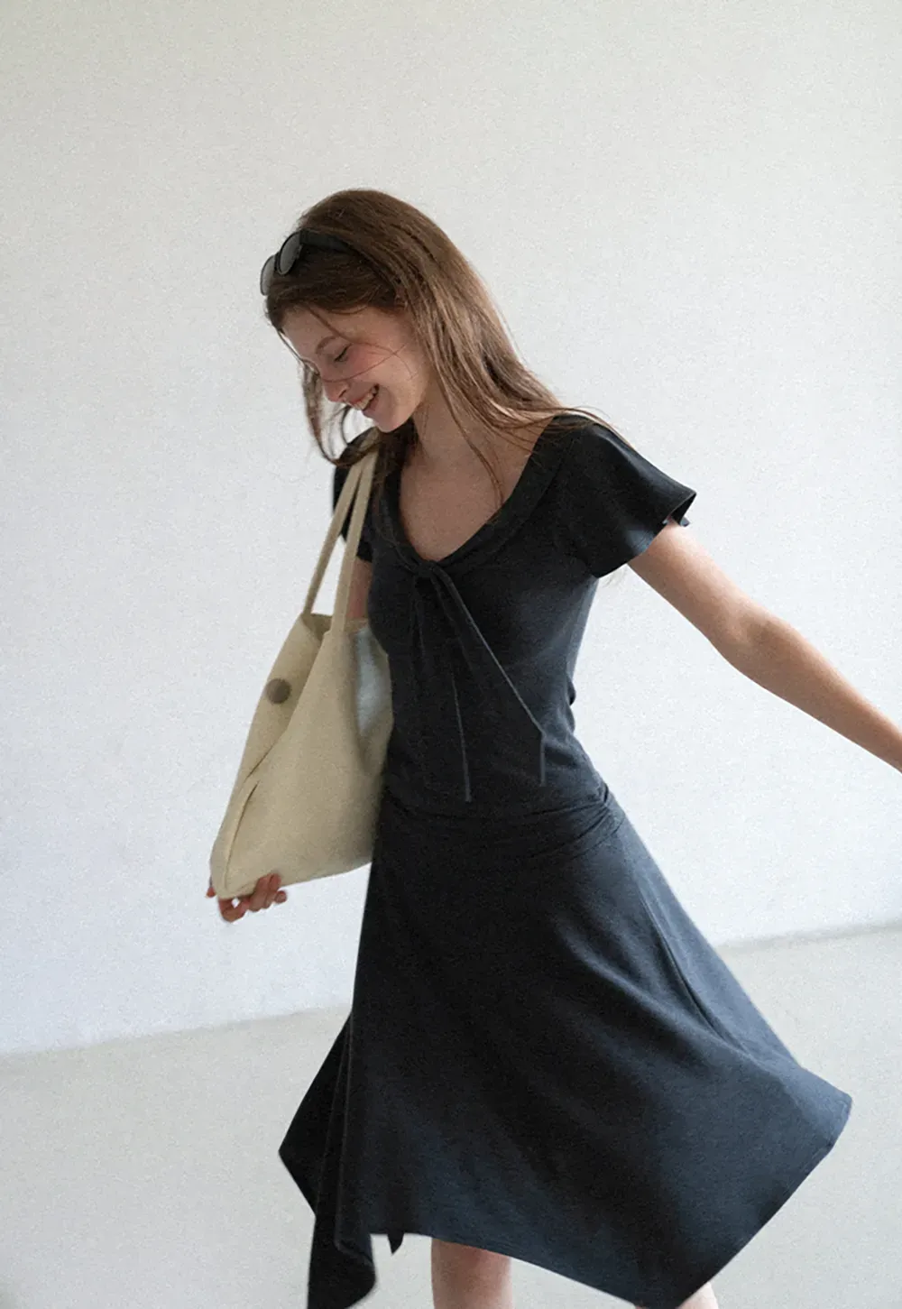 V Neck Tie Front Short Sleeve Top and Asymmetrical Hem Skirt