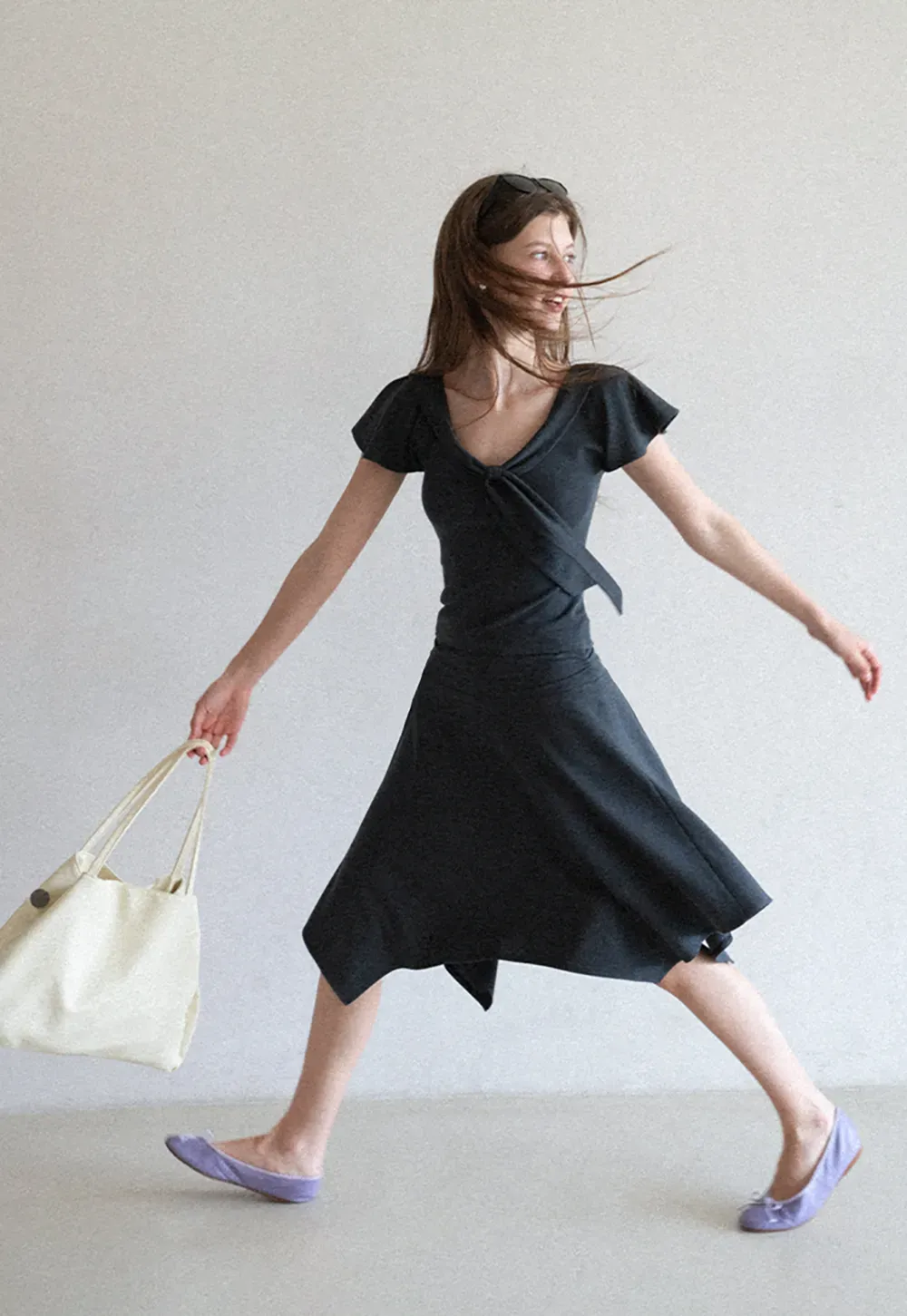V Neck Tie Front Short Sleeve Top and Asymmetrical Hem Skirt