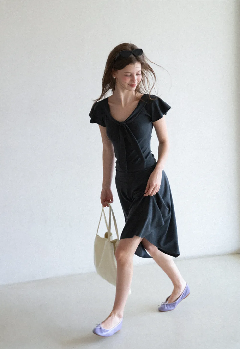 V Neck Tie Front Short Sleeve Top and Asymmetrical Hem Skirt