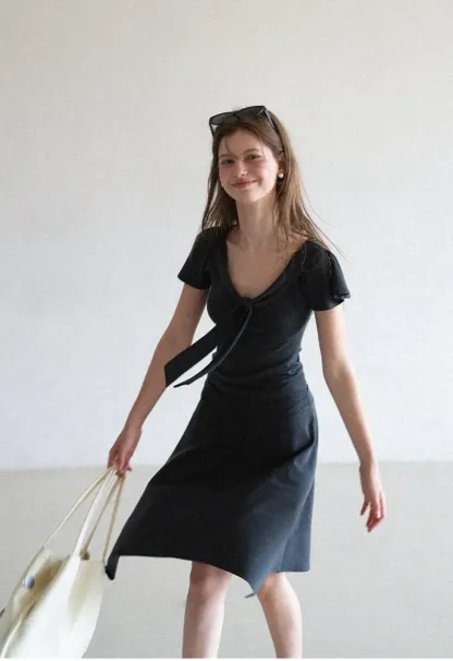 V Neck Tie Front Short Sleeve Top and Asymmetrical Hem Skirt