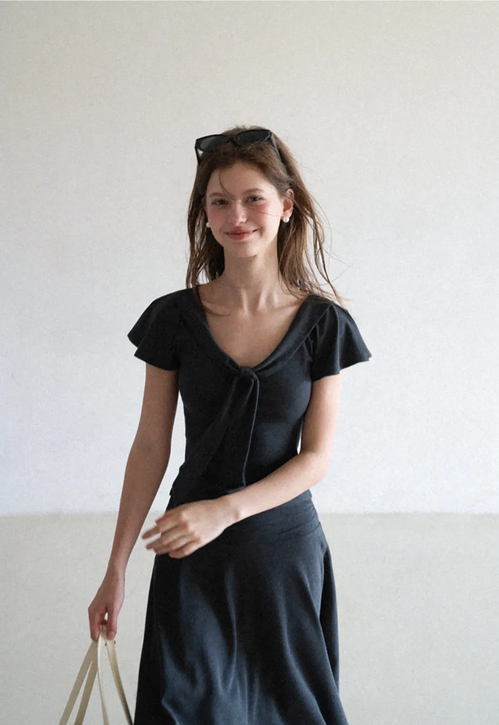 V Neck Tie Front Short Sleeve Top and Asymmetrical Hem Skirt