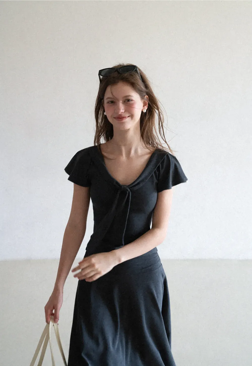 V Neck Tie Front Short Sleeve Top and Asymmetrical Hem Skirt