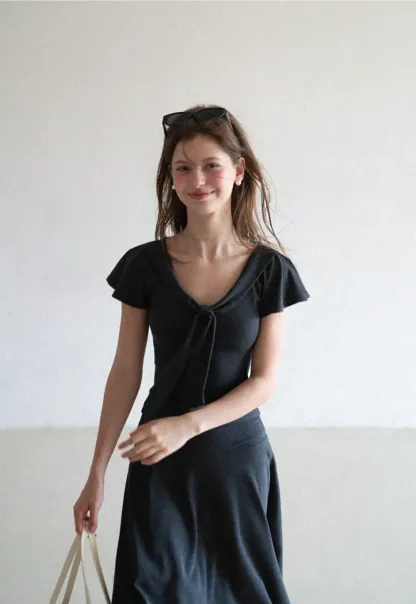 V Neck Tie Front Short Sleeve Top and Asymmetrical Hem Skirt