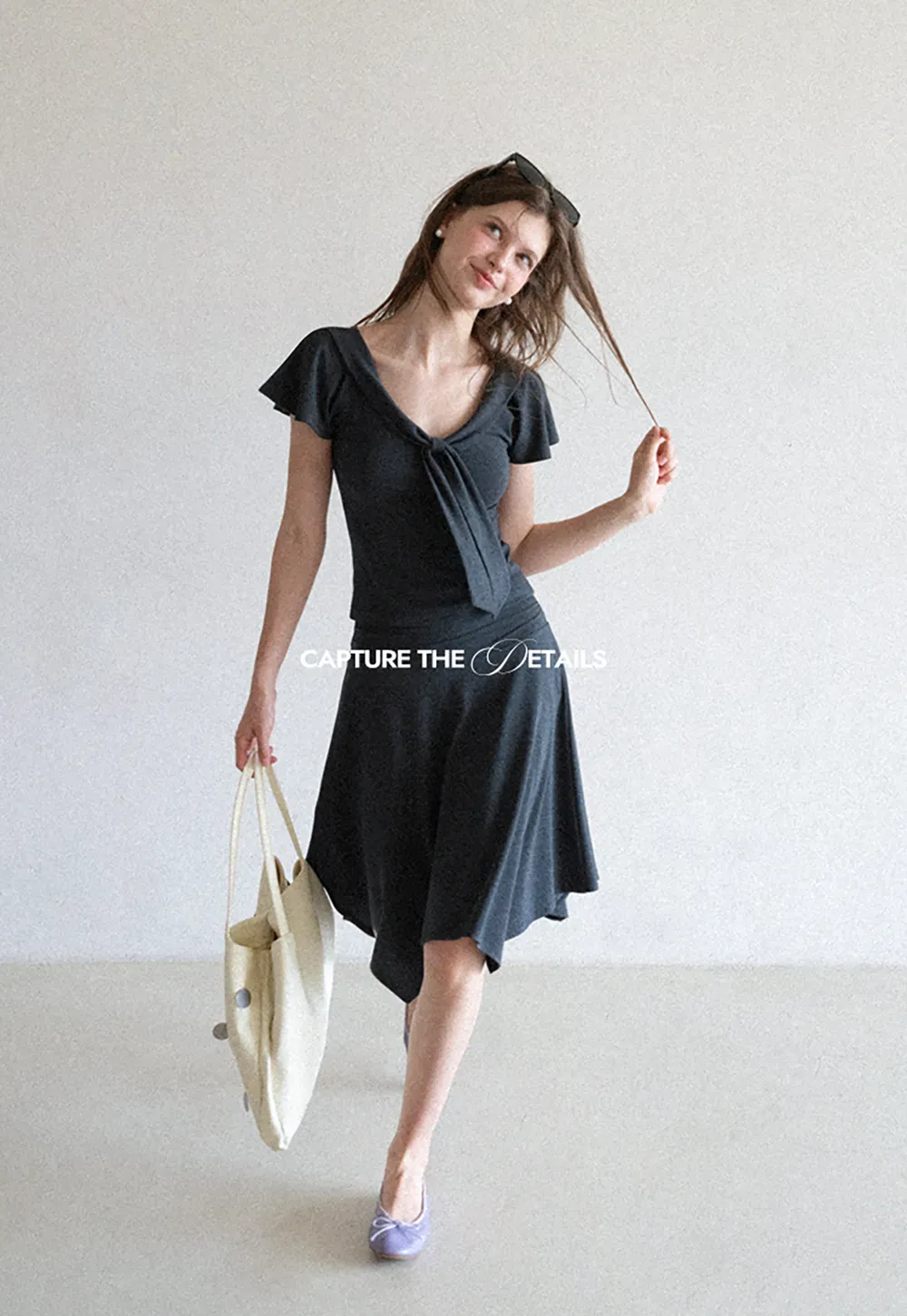 V Neck Tie Front Short Sleeve Top and Asymmetrical Hem Skirt