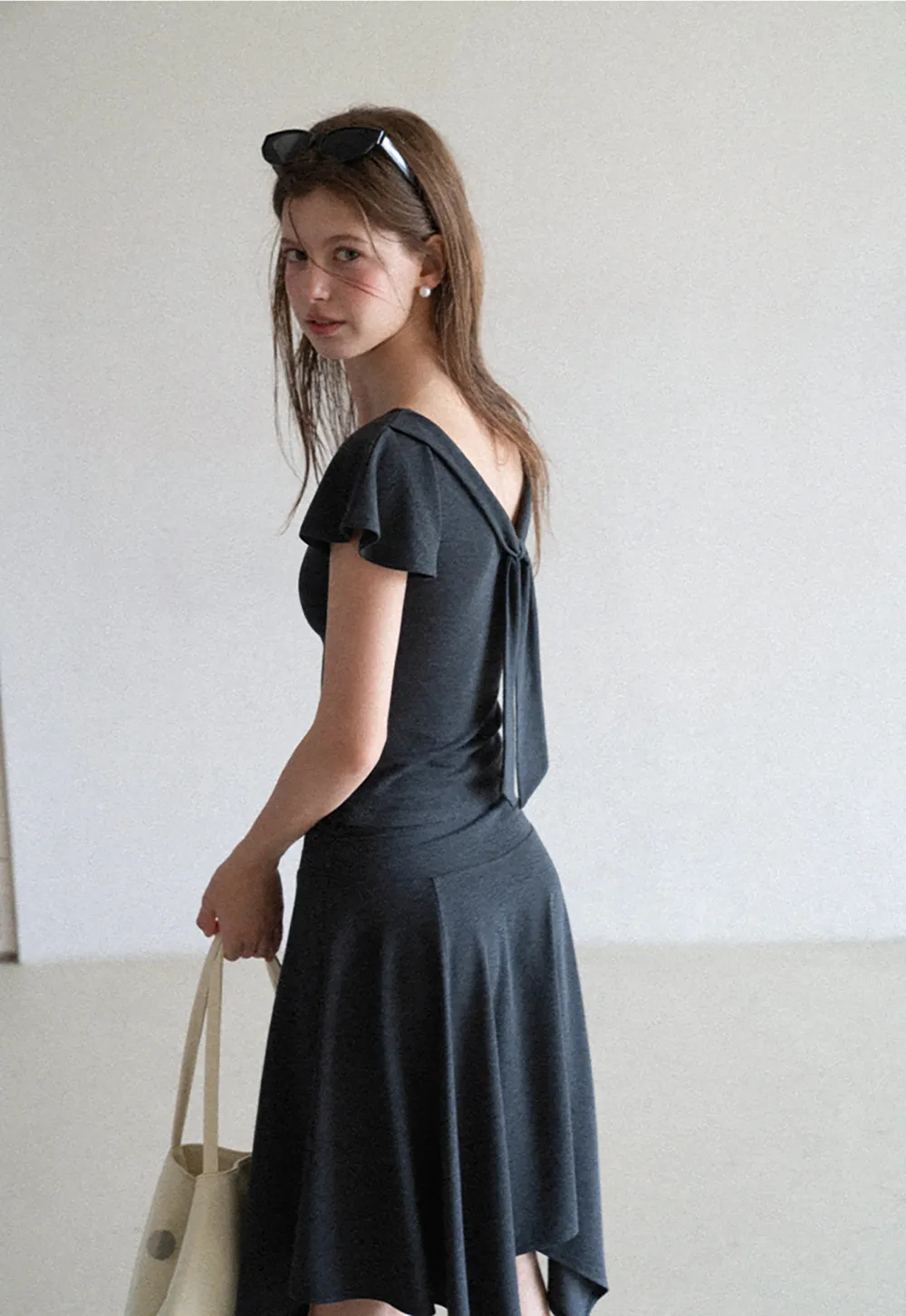 V Neck Tie Front Short Sleeve Top and Asymmetrical Hem Skirt
