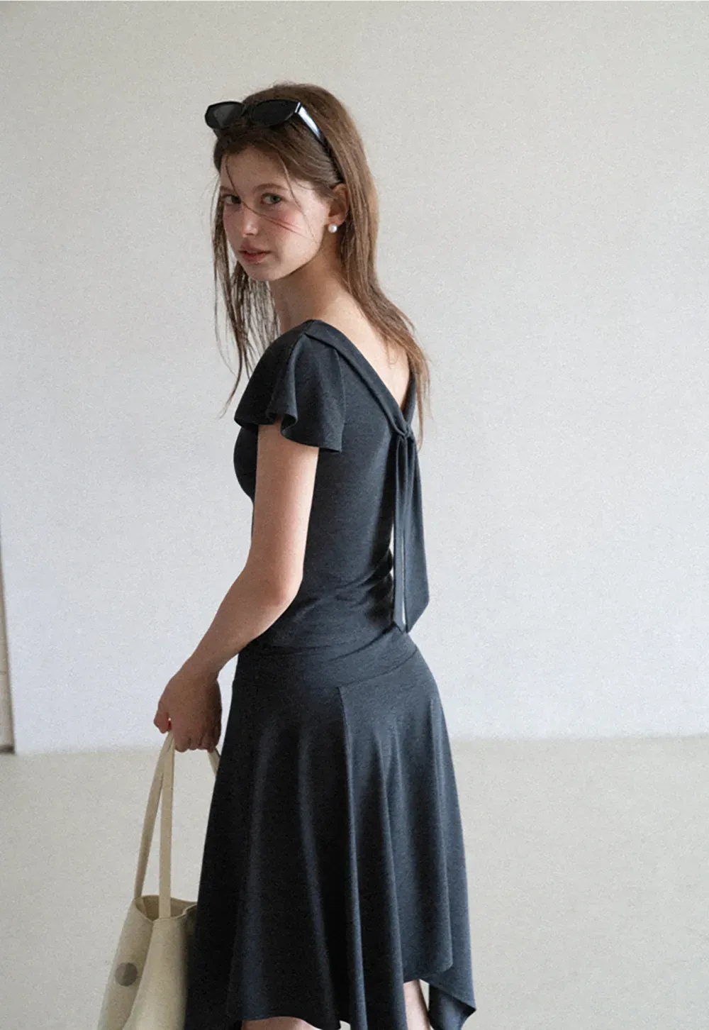V Neck Tie Front Short Sleeve Top and Asymmetrical Hem Skirt