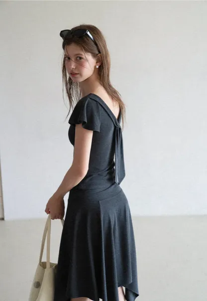 V Neck Tie Front Short Sleeve Top and Asymmetrical Hem Skirt
