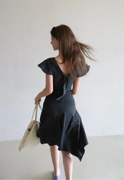 V Neck Tie Front Short Sleeve Top and Asymmetrical Hem Skirt