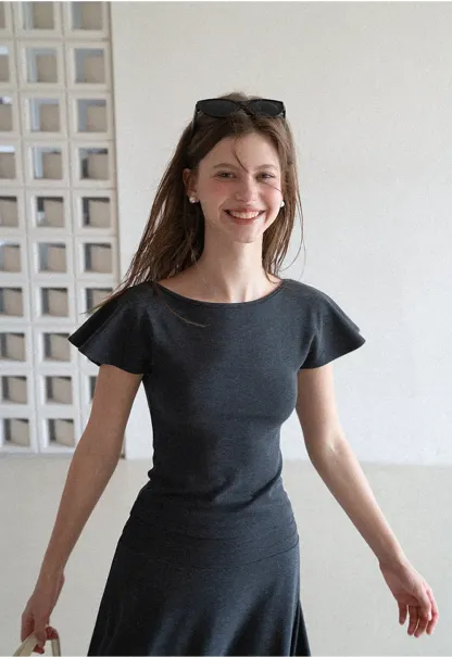 V Neck Tie Front Short Sleeve Top and Asymmetrical Hem Skirt