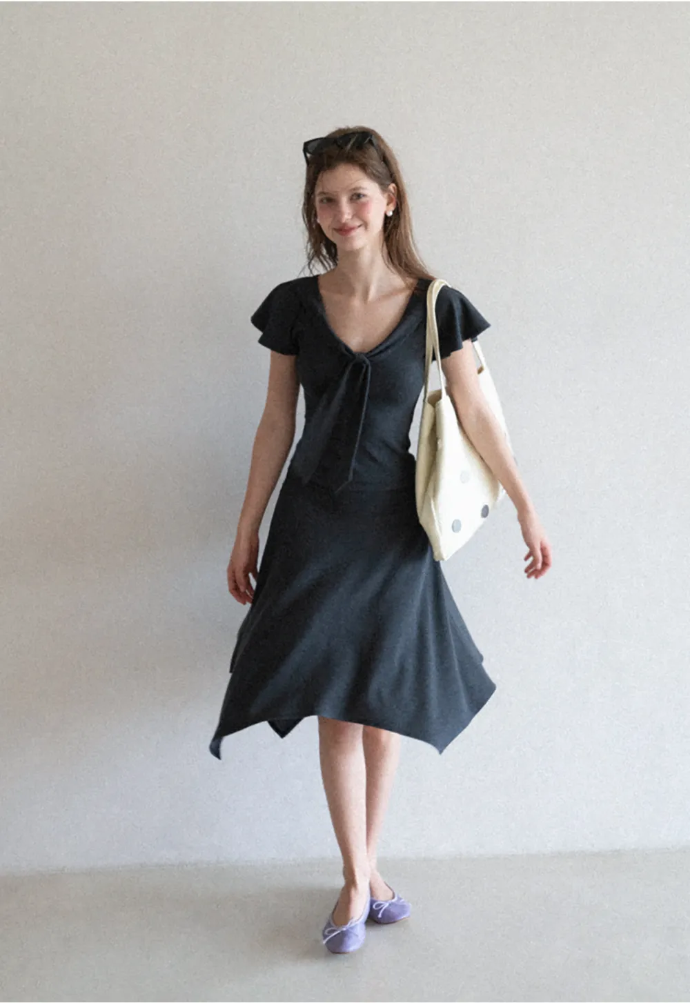 V Neck Tie Front Short Sleeve Top and Asymmetrical Hem Skirt