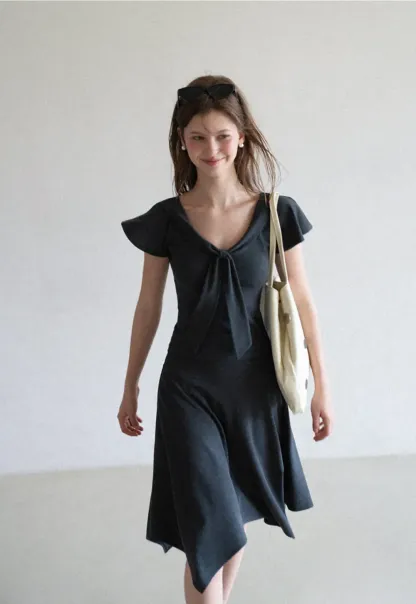 V Neck Tie Front Short Sleeve Top and Asymmetrical Hem Skirt