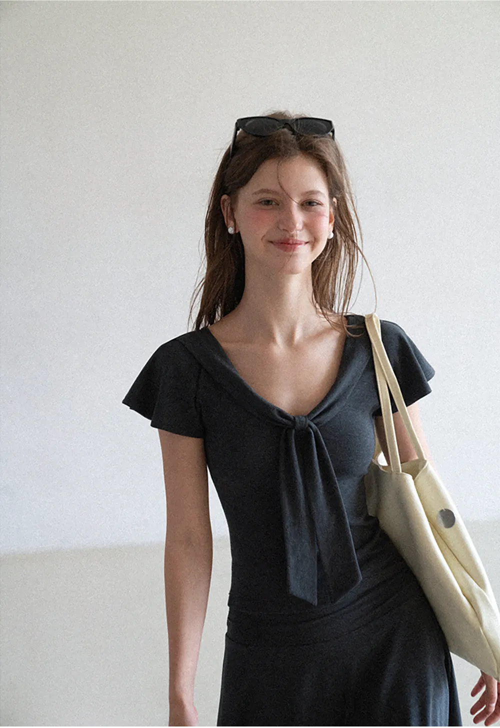 V Neck Tie Front Short Sleeve Top and Asymmetrical Hem Skirt