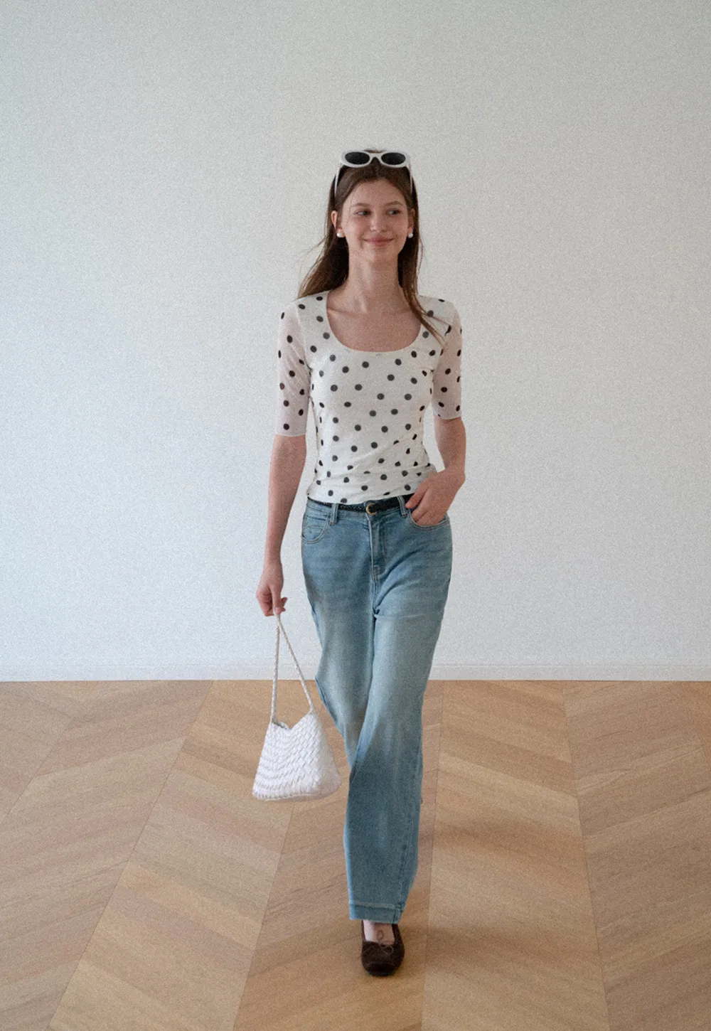 Polka Dot Sheer Sleeve Cropped T Shirt