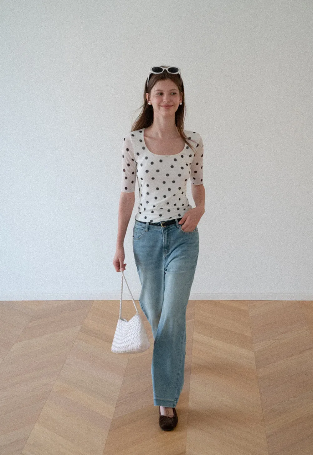 Polka Dot Sheer Sleeve Cropped T Shirt