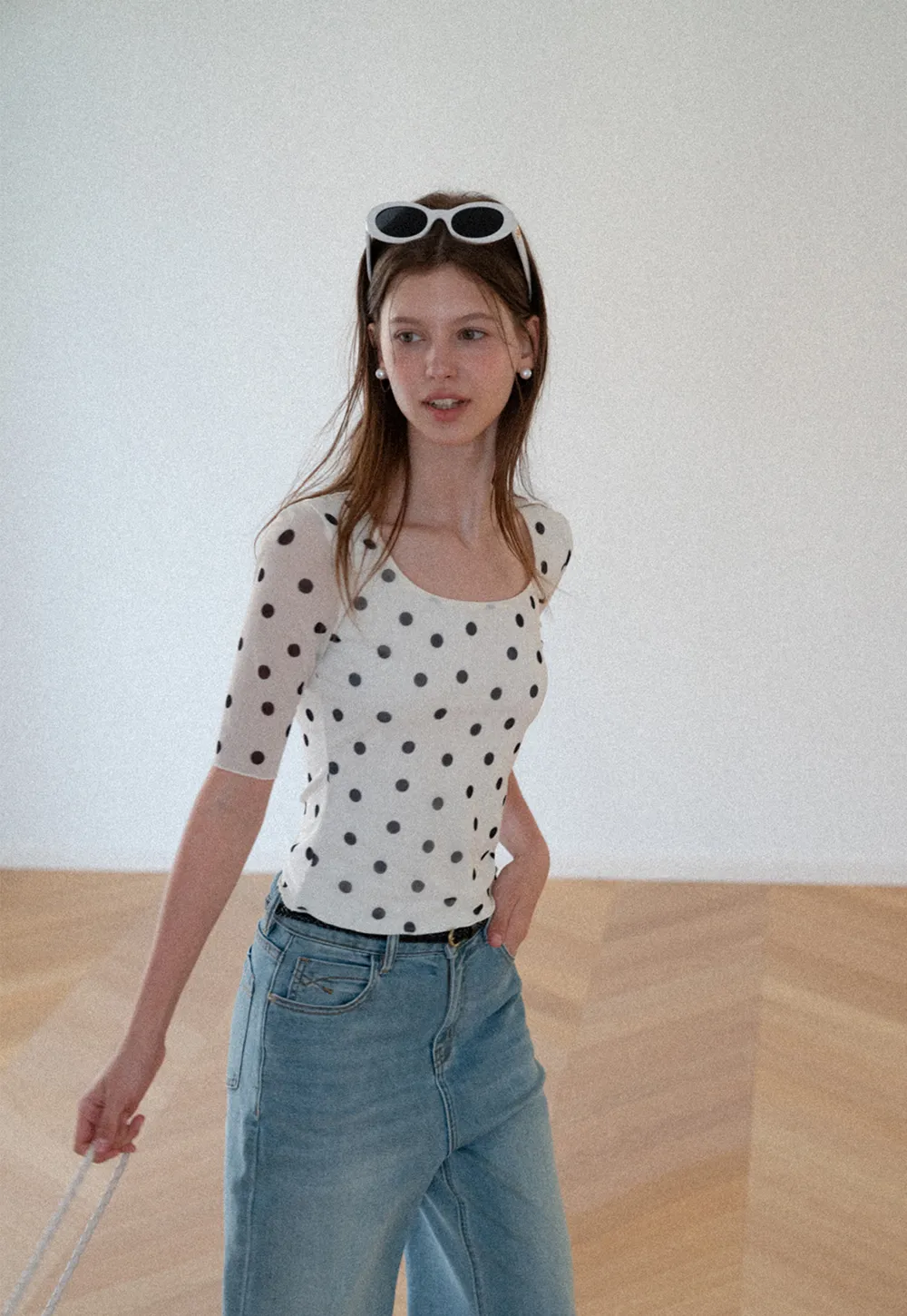 Polka Dot Sheer Sleeve Cropped T Shirt
