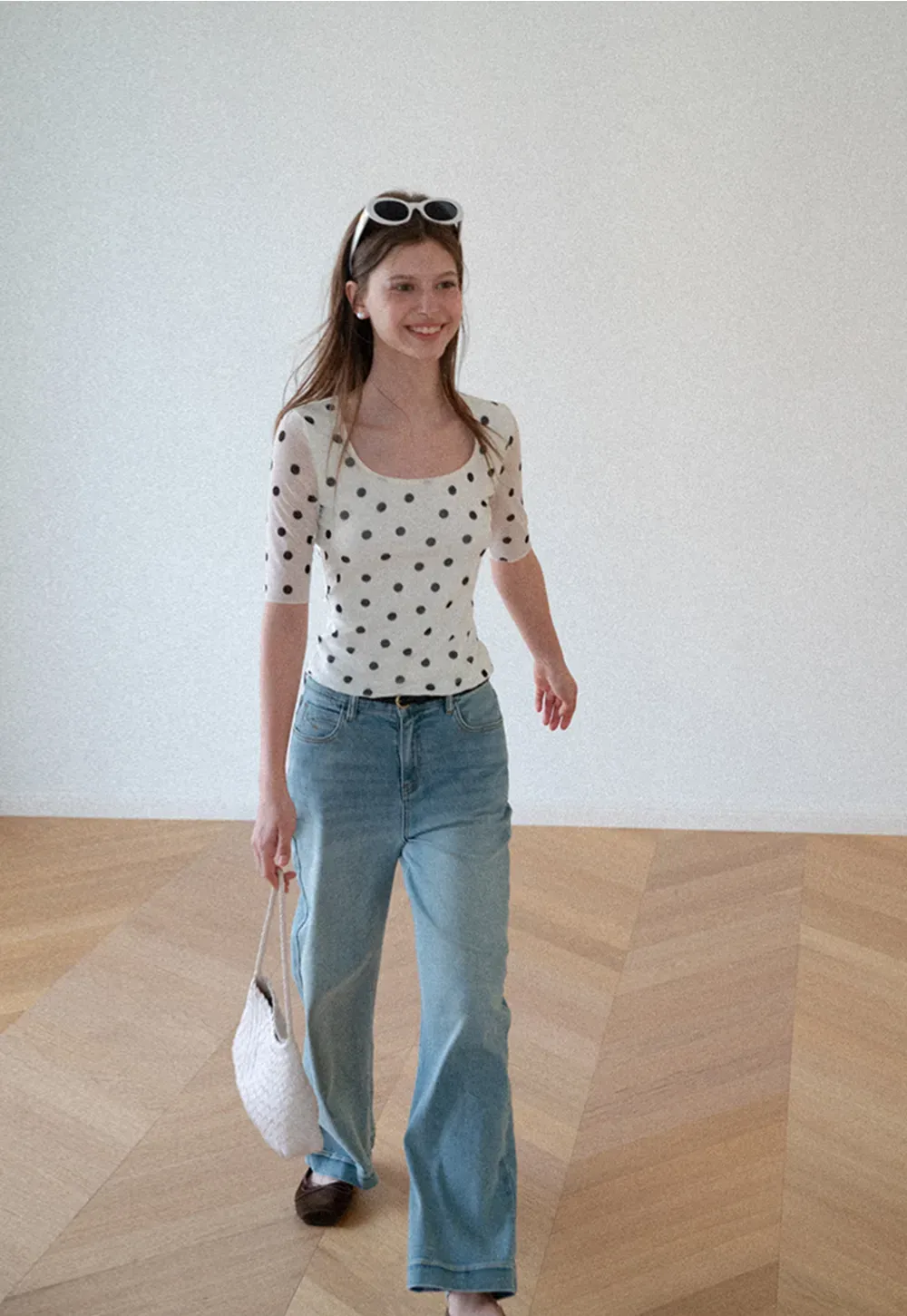 Polka Dot Sheer Sleeve Cropped T Shirt