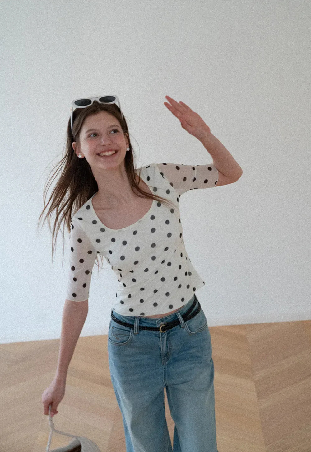 Polka Dot Sheer Sleeve Cropped T Shirt