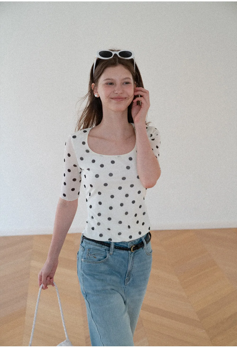 Polka Dot Sheer Sleeve Cropped T Shirt