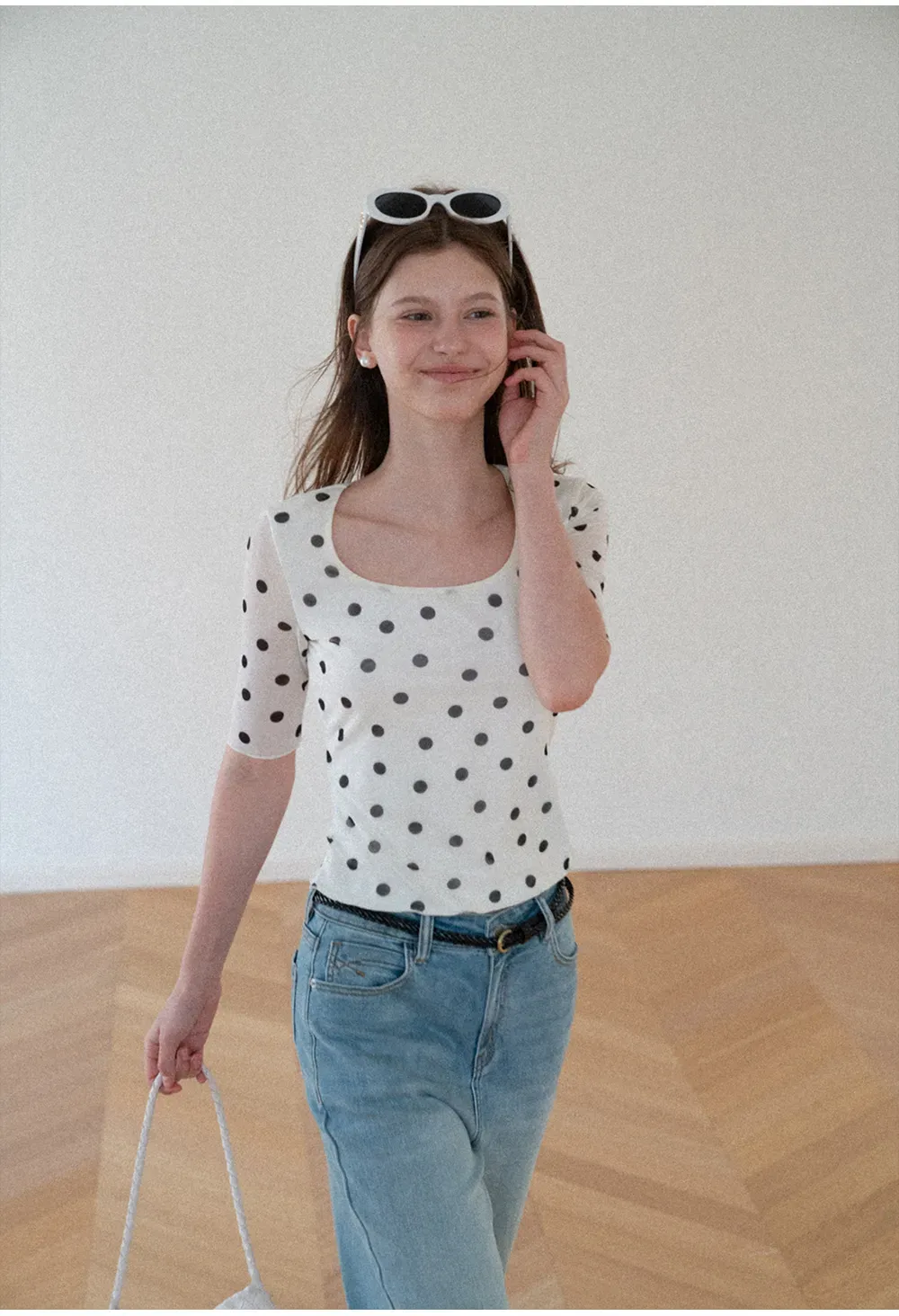 Polka Dot Sheer Sleeve Cropped T Shirt