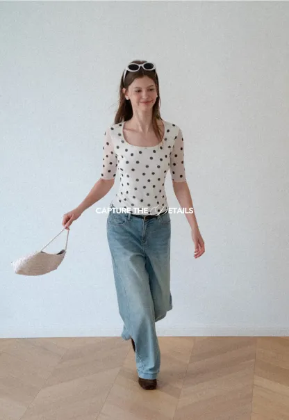 Polka Dot Sheer Sleeve Cropped T Shirt