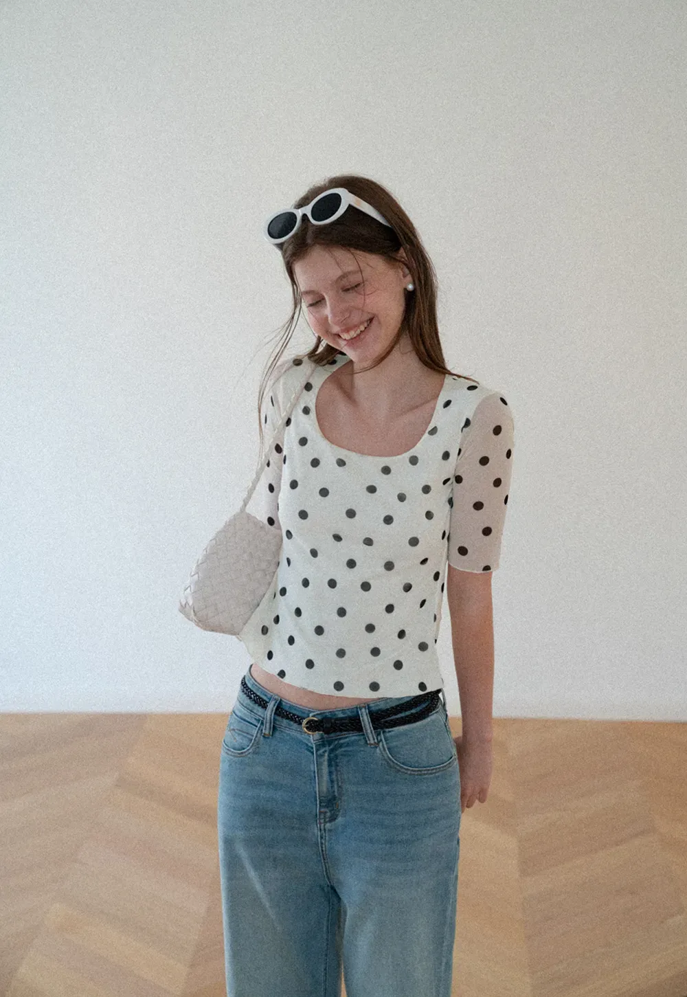 Polka Dot Sheer Sleeve Cropped T Shirt