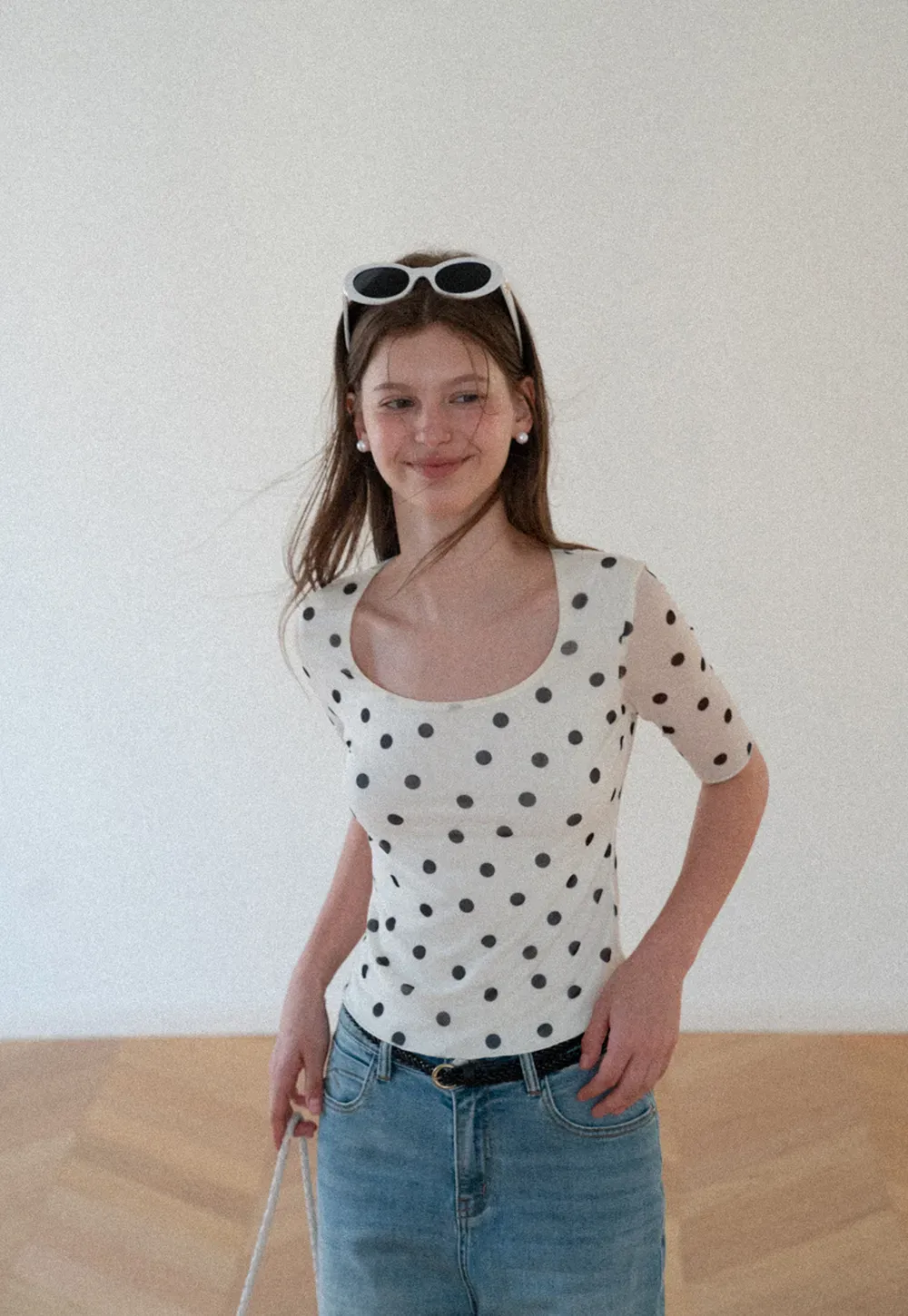 Polka Dot Sheer Sleeve Cropped T Shirt